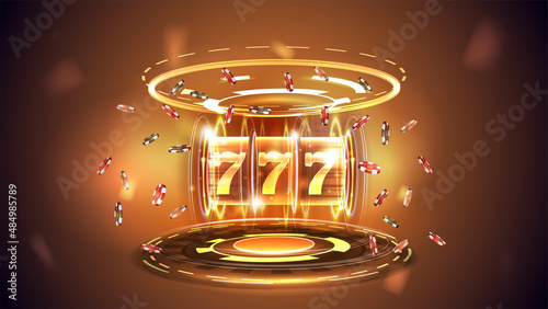Gold Casino slot machine with jackpot, poker chips and hologram of digital rings in orange empty scene