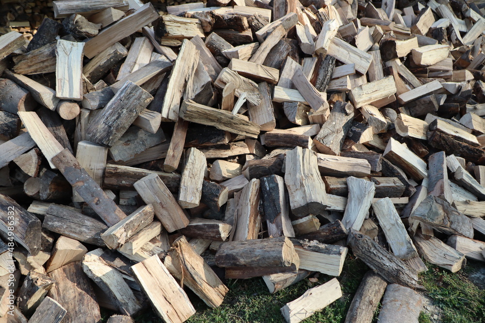 a huge pile of roughly chopped firewood near the hut