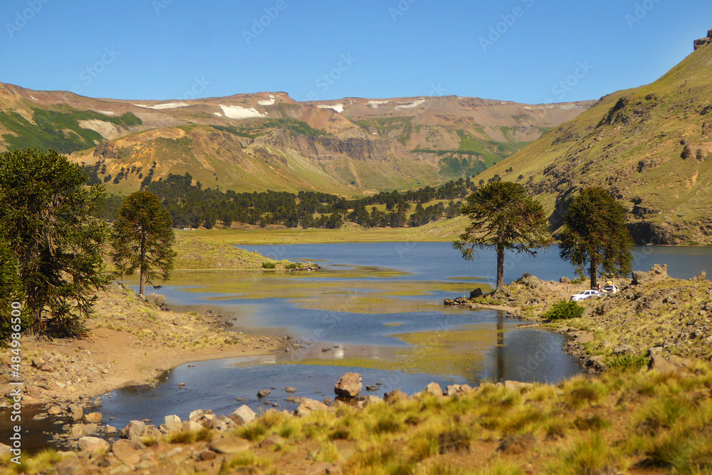 Blue and green lagoon with mountains at the back and pehuen trees in Caviahue, Neuquén, Argentina
