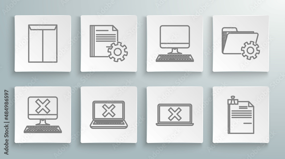 Set line Computer with keyboard and x mark, Document settings gears, Laptop cross on screen, File document binder clip, monitor, Folder and Envelope icon. Vector Set line Computer with keyboard and x mark, Document settings gears, Laptop cross on screen, File document binder clip, monitor, Folder and Envelope icon. Vector