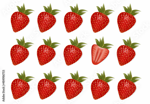 Set of red strawberries on white background.Realistic 3d isolated vector illustration
