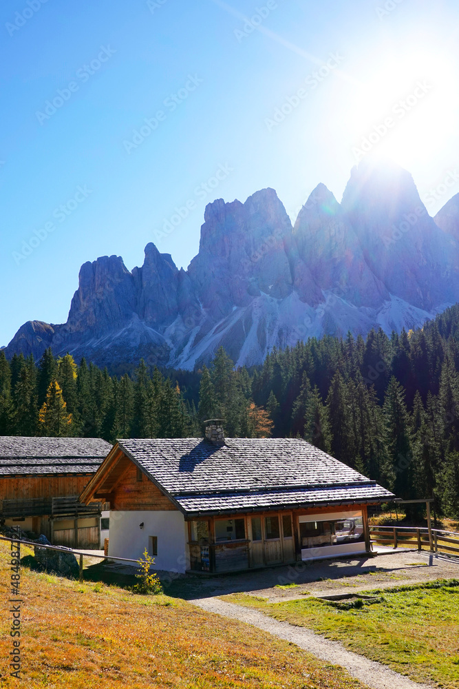 Traditional wooden chalet in the Dolomites, Italy, Europe