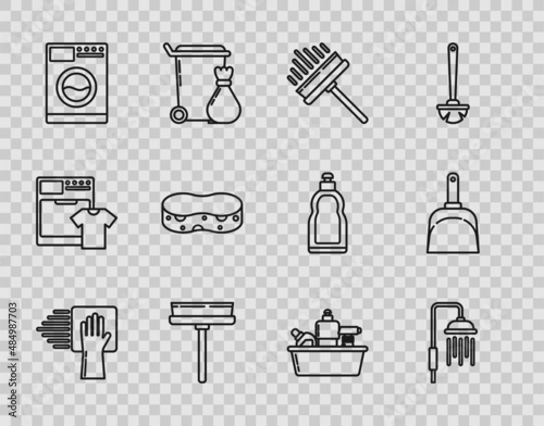 Set line Cleaning service, Shower head with water drops flowing, Squeegee, scraper, wiper, Washer, Sponge, Plastic bottles for liquid dishwashing liquid and Dustpan icon. Vector