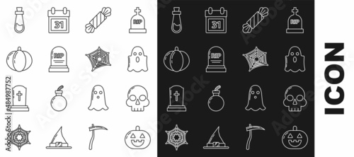 Set line Pumpkin, Skull, Ghost, Candy, Tombstone with RIP, Bottle potion and Spider web icon. Vector