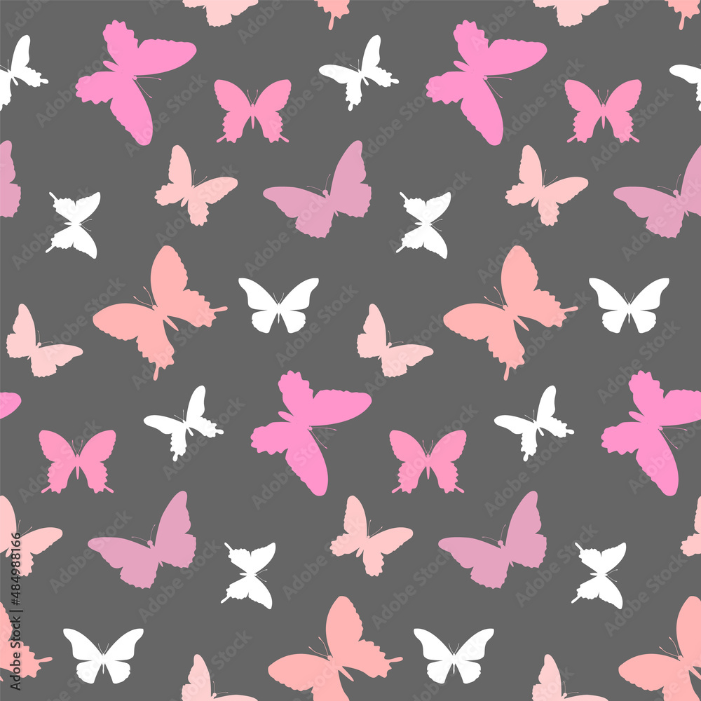 Butterfly pattern. Seamless background with pink and white butterflies on a gray background. Vector. Butterfly pattern. Seamless background with pink and white butterflies on a gray background. Vector.