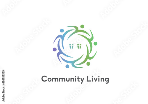 Community living logo concept with people forming a circle and house inside