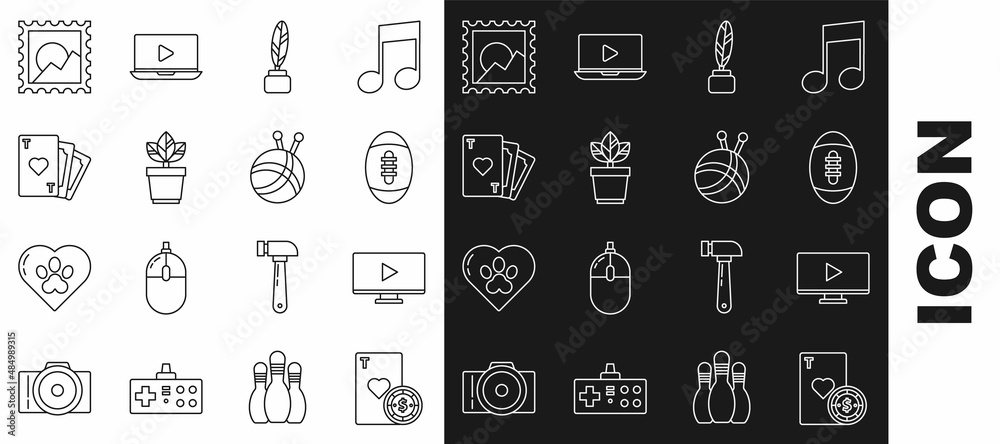 Set line Casino chip and playing cards, Online video, American Football ball, Feather inkwell, Flowers pot, Playing with heart symbol, Picture landscape and Yarn knitting needles icon. Vector Set line Casino chip and playing cards, Online video, American Football ball, Feather inkwell, Flowers pot, Playing with heart symbol, Picture landscape and Yarn knitting needles icon. Vector