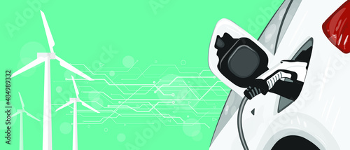Modern electric smart car charging at the charger station with a plug in cable Flat Vector illustration Electric vehicle with technology circuit and eco wind turbines Electrified future transportation