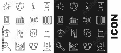 Set line The arrest warrant, Law book, Prison window, Feather and inkwell, Courthouse building, Stage stand or debate podium rostrum, Flasher siren and Hexagram sheriff icon. Vector