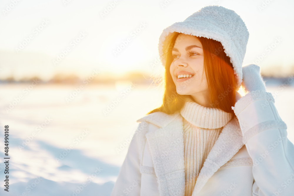 beautiful woman winter weather snow posing nature rest Lifestyle