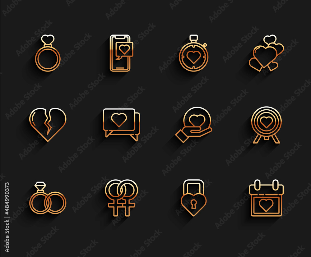 Set line Wedding rings, Female gender symbol, Castle the shape of heart, Calendar with, Like and, Heart center darts target aim and on hand icon. Vector Set line Wedding rings, Female gender symbol, Castle the shape of heart, Calendar with, Like and, Heart center darts target aim and on hand icon. Vector