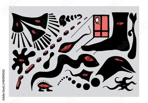 Psychedelic drawings of various creatures with eyes in doodle style. Psychedelic fantasies, hallucinations. Hand Drawn.