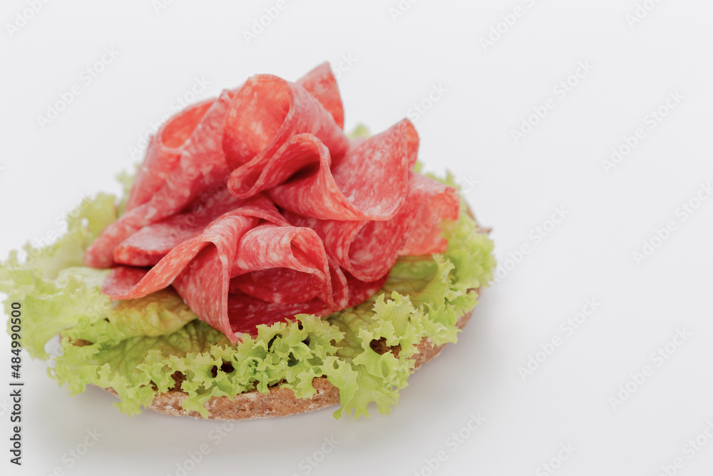 Sandwich with salami sausage on white background. Sandwich with salami sausage on white background.