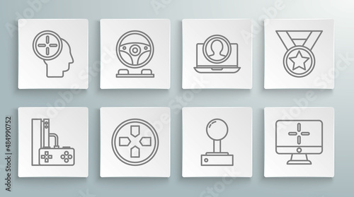 Set line Game console with joystick, Racing simulator cockpit, Gamepad, Joystick for arcade machine, Computer monitor, Create account screen, Medal and Head hunting concept icon. Vector