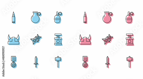Set line Military reward medal, Medieval sword, Bullet, Battle hammer, Japanese ninja shuriken, Handle detonator for dynamite, Viking horned helmet and grenade icon. Vector