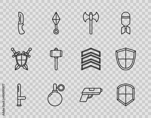 Set line Police rubber baton, Shield, Medieval axe, Hand grenade, Military knife, Battle hammer, Pistol or gun and icon. Vector