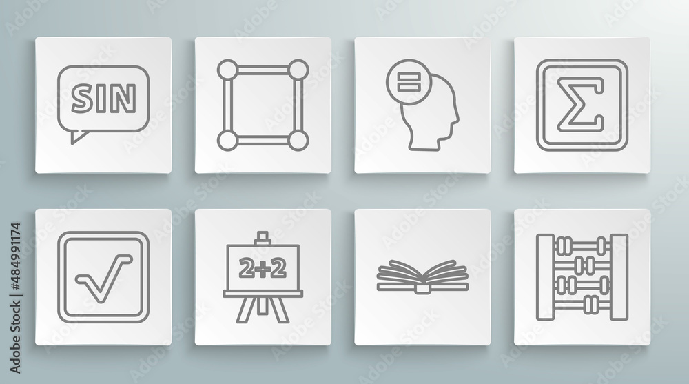Set line Open book, Chalkboard with diagram, Calculator, Mobile calculator interface, Graph, schedule, chart,, Test exam sheet, Geometric figure Square and Human brain icon. Vector