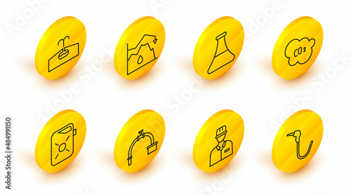 Set line Gasoline pump nozzle, Oilman, Industry pipe and valve, Canister for motor oil, CO2 emissions cloud, petrol test tube, Drop crude price and Oilfield icon. Vector