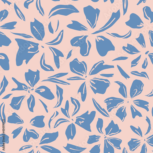 Abstract flowers with leaves seamless repeat pattern. Random placed, vector floral elements all over print on beige background.