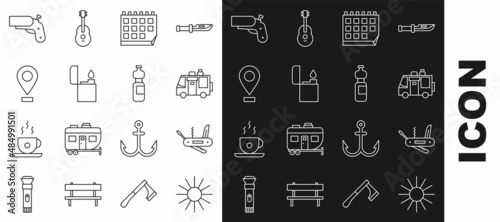 Set line Sun, Swiss army knife, Rv Camping trailer, Calendar, Lighter, Location, Flare gun pistol and Bottle of water icon. Vector