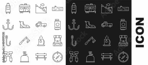 Set line Compass, Hiking backpack, Passport with ticket, Mountains, boot, Anchor, Suitcase and Pickup truck icon. Vector