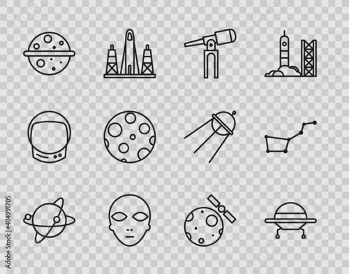 Set line Satellites orbiting the planet Earth, UFO flying spaceship, Telescope, Alien, Planet Venus, Moon, and Great Bear constellation icon. Vector