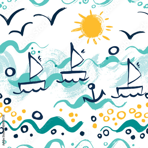 Seamless sea pattern with hand painted gouache ships. Background for greeting cards, invitations, kids decorations. Vector repeating texture.
