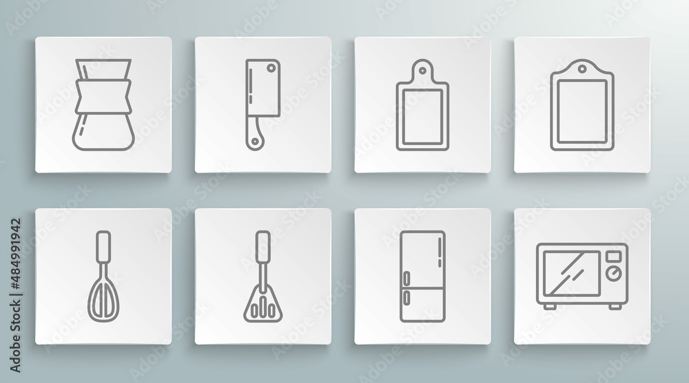 Set line Kitchen whisk, Meat chopper, Spatula, Refrigerator, Microwave oven, Cutting board, and Coffee turk icon. Vector Set line Kitchen whisk, Meat chopper, Spatula, Refrigerator, Microwave oven, Cutting board, and Coffee turk icon. Vector
