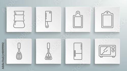 Set line Kitchen whisk, Meat chopper, Spatula, Refrigerator, Microwave oven, Cutting board, and Coffee turk icon. Vector