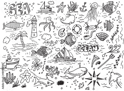 Sea - vector hand drawn doodles on white paper
