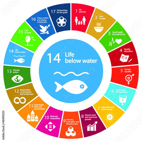 Life below Water Icon - Goal 14 out of 17 Sustainable Development Goals set by the United Nations General Assembly, Agenda 2030. Vector illustration EPS 10, editable photo