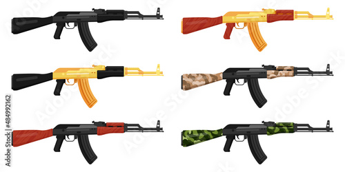 Set of Russian AK 47 and AK 74 Kalashnikov black, gold and camouflage assault rifle.