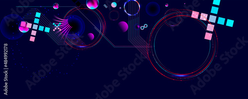 Dark retro futuristic cyberpunk elements abstraction background cosmos synthwave vaporwave retrowave glitch circle with blue and pink glows