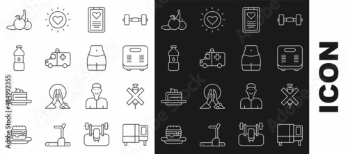 Set line Bed, No doping syringe, Bathroom scales, Medical clipboard, Ambulance and emergency car, Bottle of water, Fruit and Women waist icon. Vector