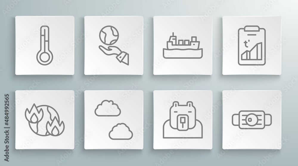 Set line Global warming fire, Hands holding Earth globe, Cloud, Polar bear head, Medical protective mask, Oil tanker ship, and Meteorology thermometer icon. Vector Set line Global warming fire, Hands holding Earth globe, Cloud, Polar bear head, Medical protective mask, Oil tanker ship, and Meteorology thermometer icon. Vector
