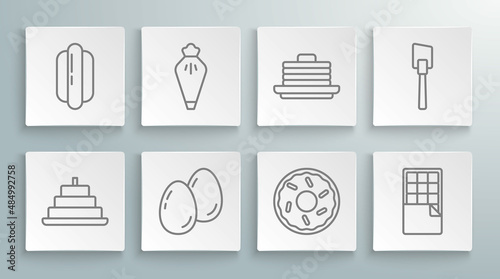 Set line Cake with burning candles, Pastry bag, Easter eggs, Donut, Chocolate bar, Stack of pancakes, Spatula and Hotdog sandwich icon. Vector