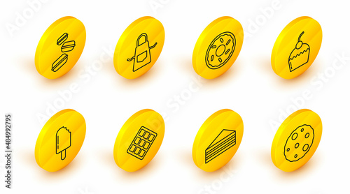 Set line Cookie or biscuit, Cake, Waffle, Ice cream, Donut, Kitchen apron and Macaron cookie icon. Vector