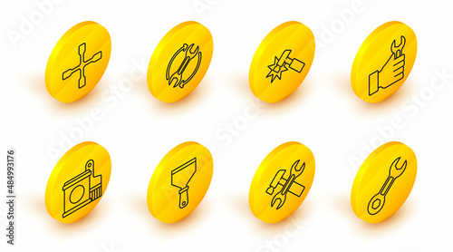 Set line Wrench spanner, Hammer and wrench, Putty knife, Paint bucket brush, arrows as workflow and Wheel icon. Vector