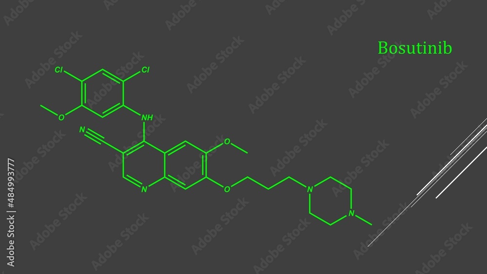 Obraz premium Bosutinib is a small molecule BCR-ABL and src tyrosine kinase inhibitor used for the treatment of chronic myelogenous leukemia.