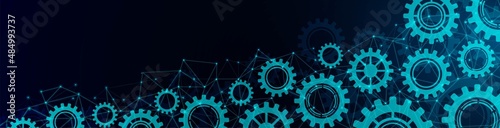 Vector glowing neon background. Design of technical mechanisms, gears. The texture plexus network lines, particles, stars, dots. Poster of technology, medicine, social networks, websites.