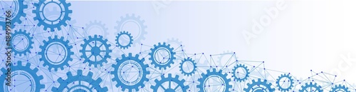 Vector blue frame background. Design of technical mechanisms, gears. Texture of connection plexus  network lines, particles, stars, dots. Poster of technology, medicine, social networks, websites.