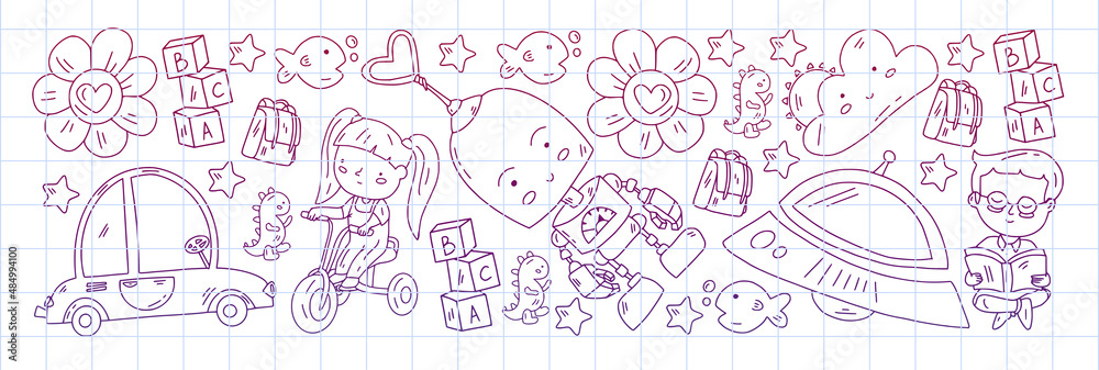 School and kindergarten vector pattern with little children. Girl and boys play and study School and kindergarten vector pattern with little children. Girl and boys play and study