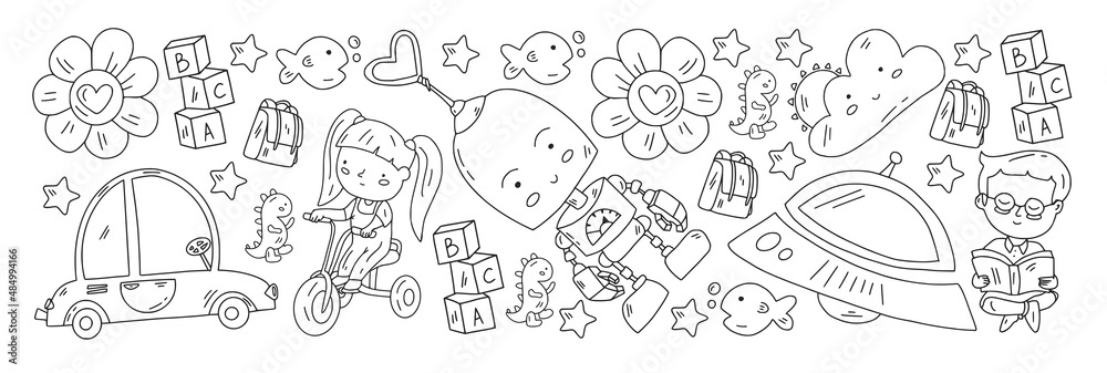 School and kindergarten vector pattern with little children. Girl and boys play and study School and kindergarten vector pattern with little children. Girl and boys play and study