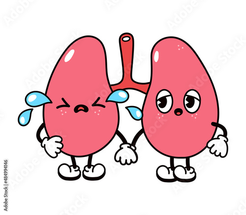 Cute funny crying sad lungs character. Vector hand drawn traditional cartoon vintage, retro, kawaii character illustration icon. Isolated on white background. Cry lungs character concept