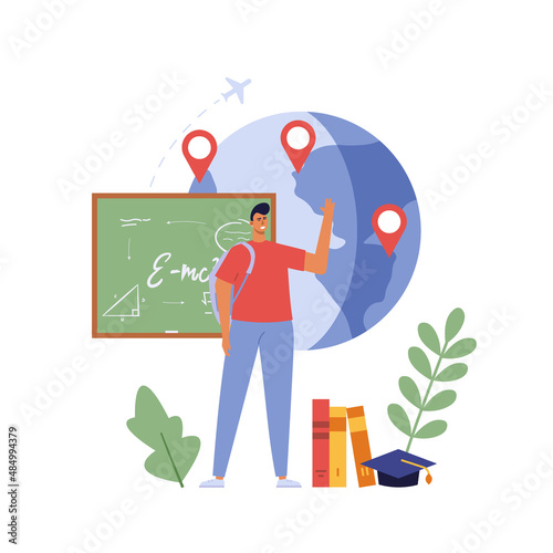 Foreign student learning in international high school. Concept of foreign study, global education, student exchange program, educational tourism. Vector illustration in flat design for web banner