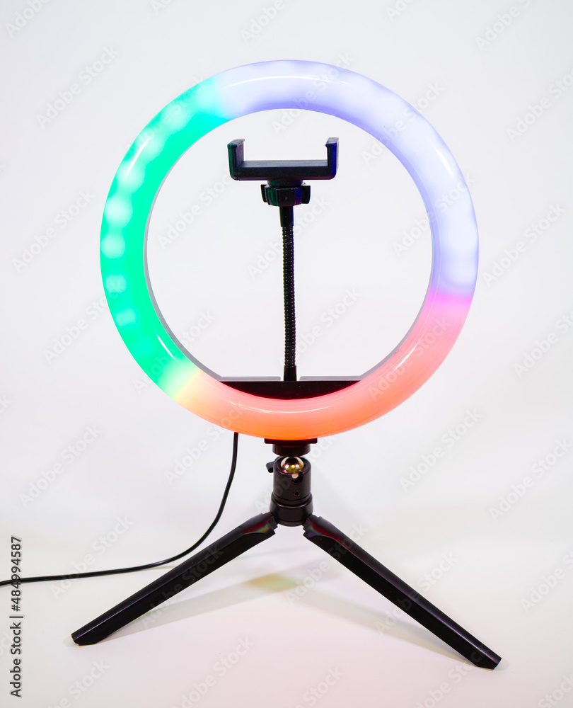 Ring lamp on a small tripod. Red, green and blue light. Ring lamp on a small tripod. Red, green and blue light.