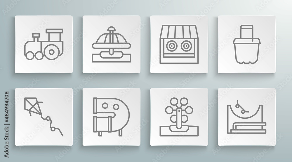 Set line Kite, Attraction carousel, Kid playground slide pipe, Ferris wheel, Skate park, Shooting gallery, Sand bucket and Toy train icon. Vector Set line Kite, Attraction carousel, Kid playground slide pipe, Ferris wheel, Skate park, Shooting gallery, Sand bucket and Toy train icon. Vector