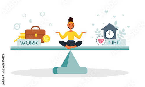 A young African-American woman is balancing between work and life. Career or family relationships. Choice. Vector illustration in cartoon style