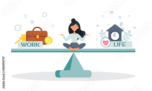 The girl is balancing between work and life. Career or family relationships. Choice. Vector illustration in cartoon style