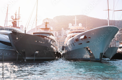 Billede på lærred Private super yachts moored in Monaco harbour sunny day Monaco yacht show luxury